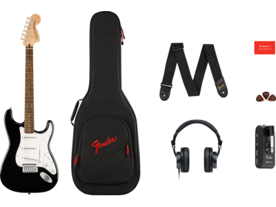 Squier Affinity Series® Stratocaster® Mustang<sup>TM</sup> Micro Pack, Laurel Fingerboard, Black, Gig Bag, HD9, US, CA, EU, AU, JP
