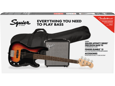 Squier Affinity Series[REG] Precision Bass[REG] PJ Pack, Laurel Fingerboard, 3-Color Sunburst, Gig Bag, Rumble 15 - 230V UK click to zoom image