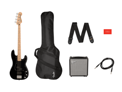 Squier Affinity Series® Precision Bass® PJ Pack, Maple Fingerboard, Black, Gig Bag, Rumble 15 - 230V UK 